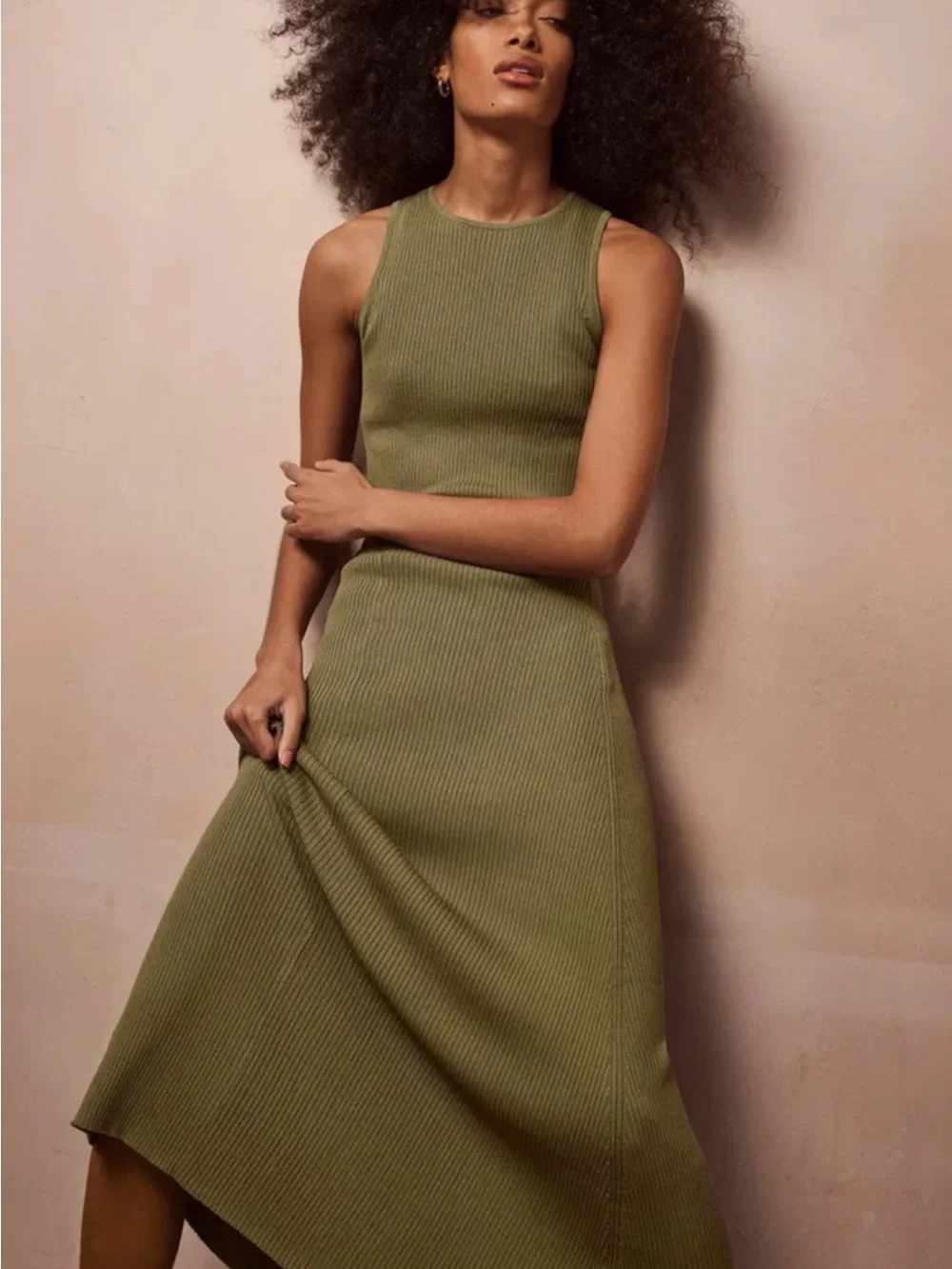 Mint Velvet Green Ribbed Tank Midi Skirt Matching Set Knit Size L Large